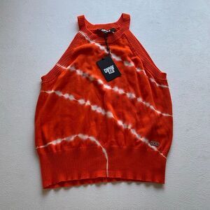 DKNY Tie Dye Knit Tank Top Medium NWT Orange Sleeveless Sweater MSRP $79